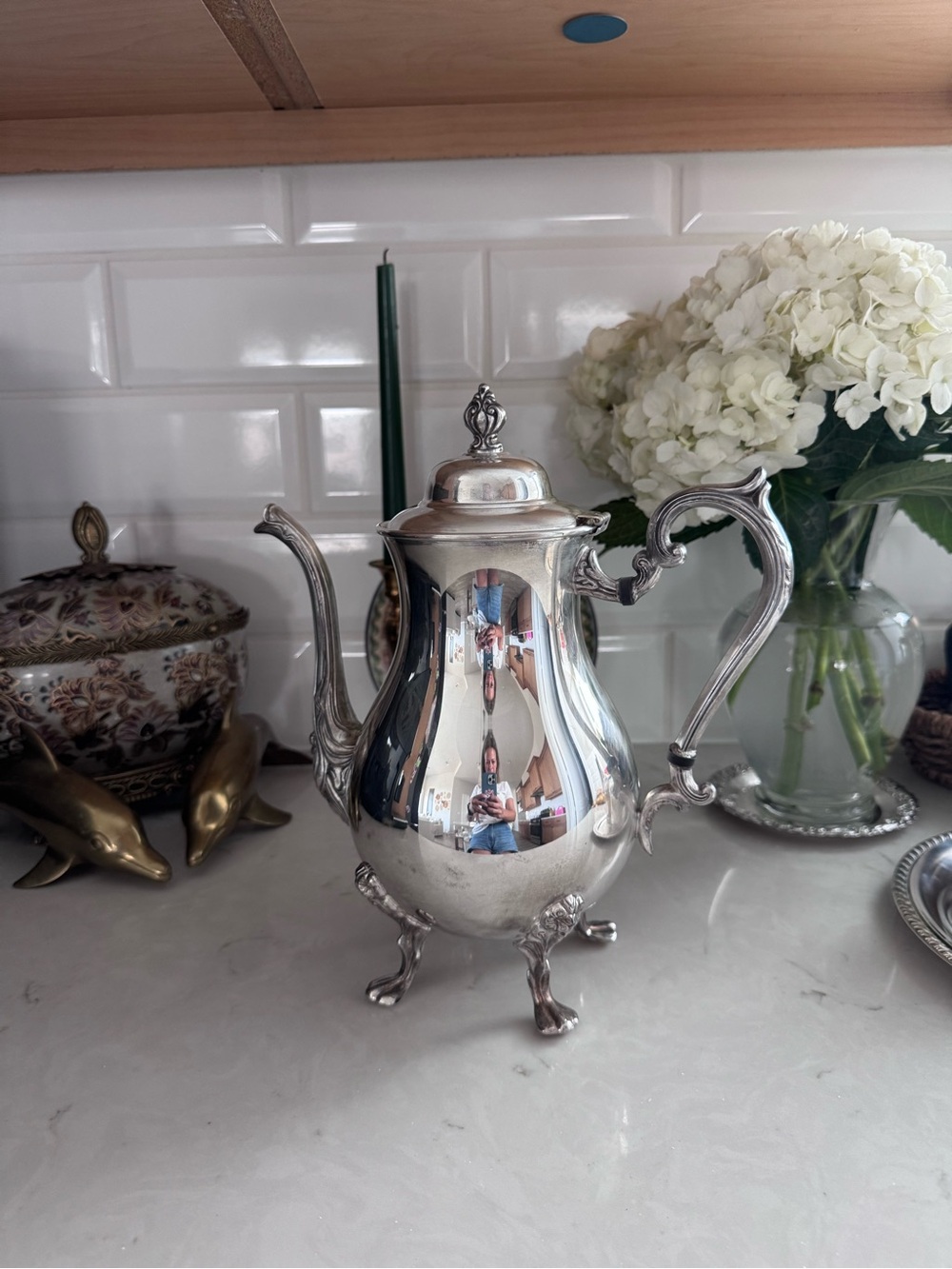 Sheridan Silver Co Silver Plated Tea Pot Silver On Copper Flower Design 4 Footed